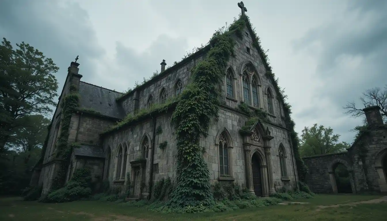 Ancient Ivy Covered Church Under A Dark Brooding Sky