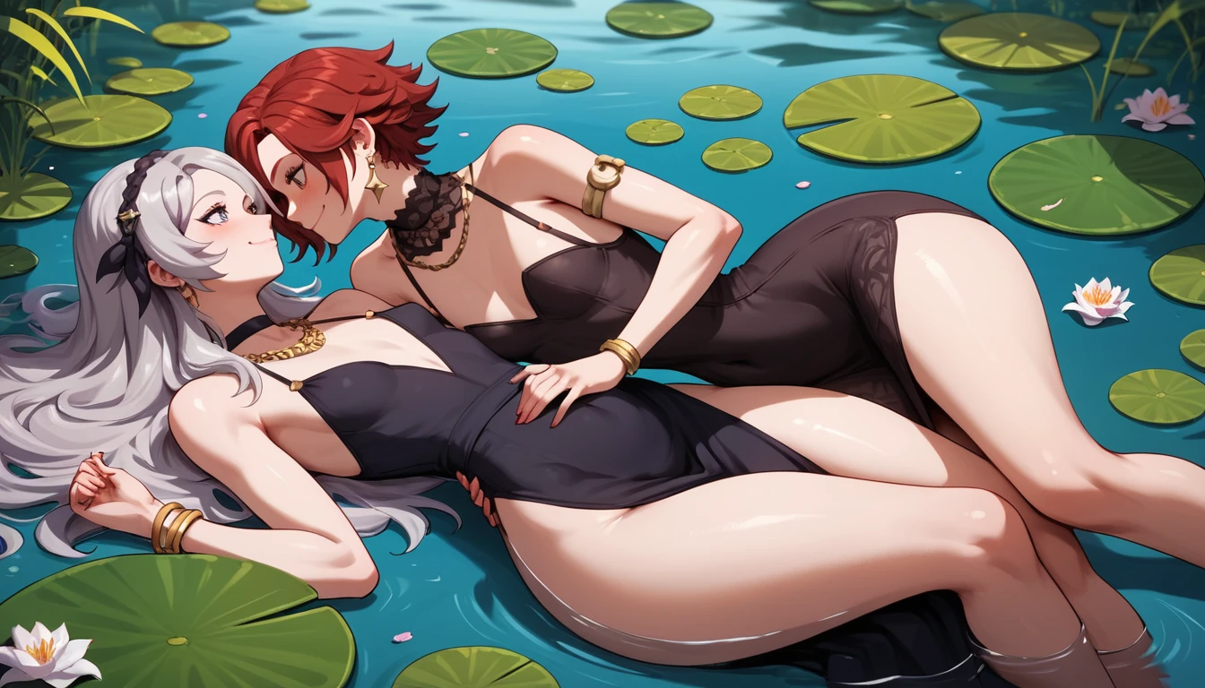Two anime girls lying together in a serene lily pond