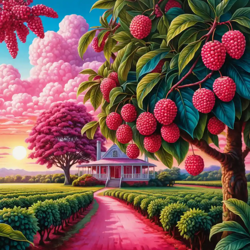 Surreal Sunrise Orchard With Lychee And Mulberry Fruits