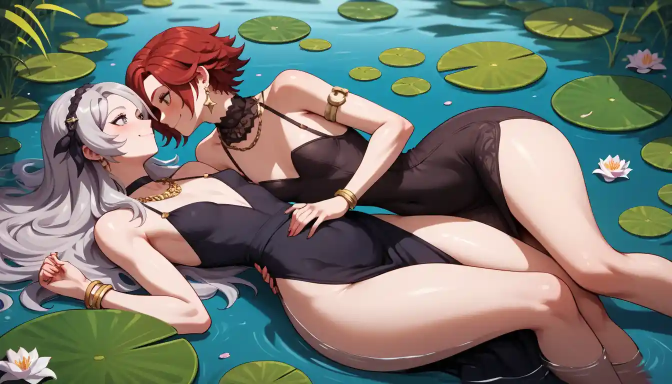 Two anime girls lying together in a serene lily pond