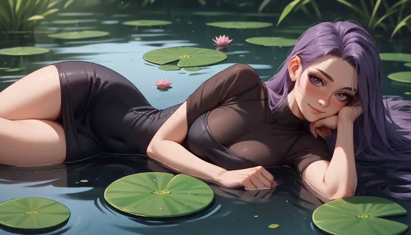 Girl in black dress lying in a tranquil lily pond