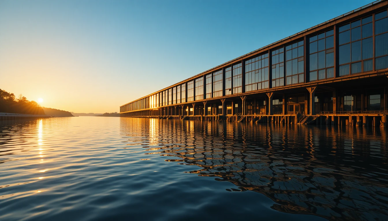 Bord de rivière à l’heure dorée avec reflets de bâtiment industriel moderne