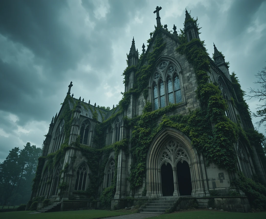 Antiga igreja gótica coberta de hera sob nuvens de tempestade