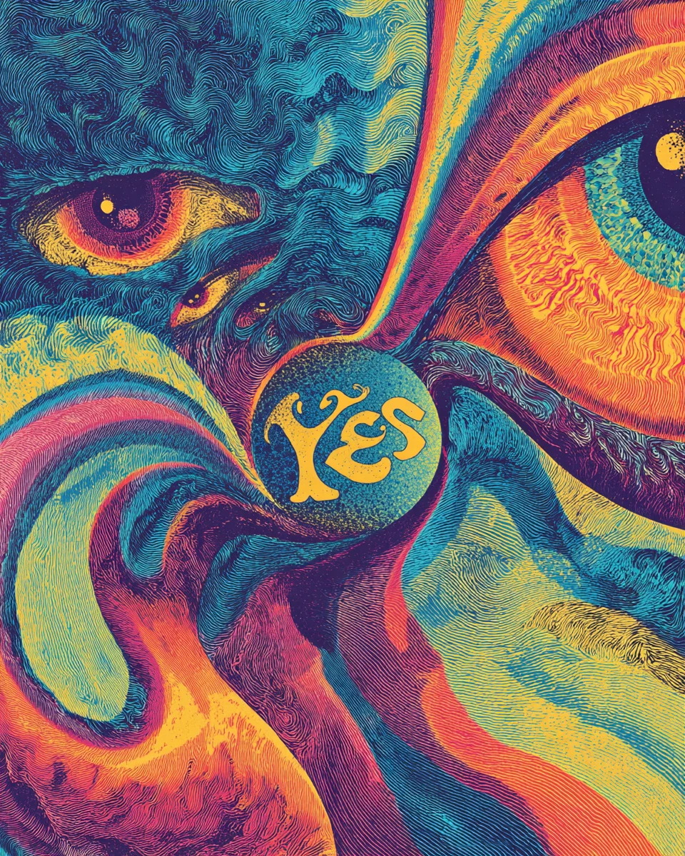 Neon psychedelic album cover with swirling surreal symbols