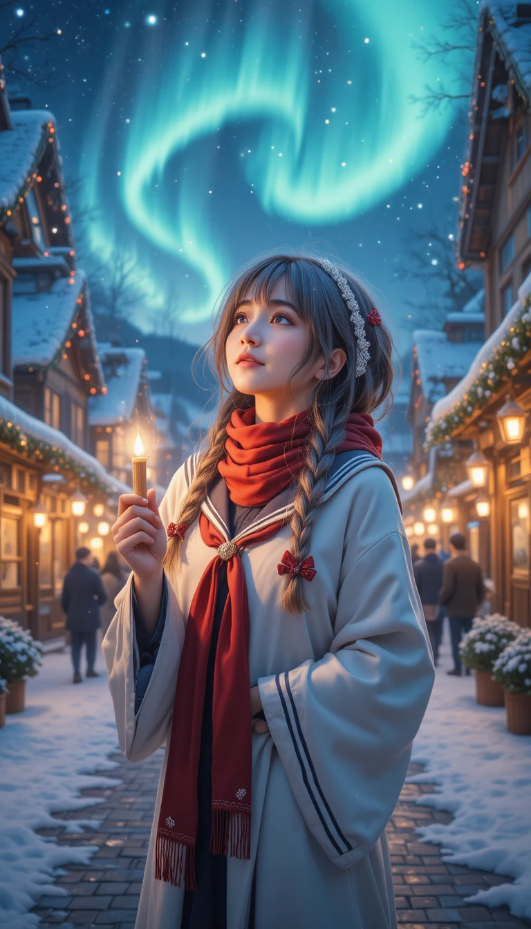 Garota de anime com vela sob a aurora na noite de inverno