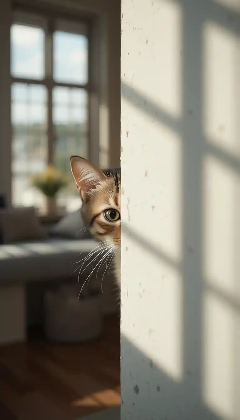 Cat Peeking From Behind A Wall In Soft Indoor Light