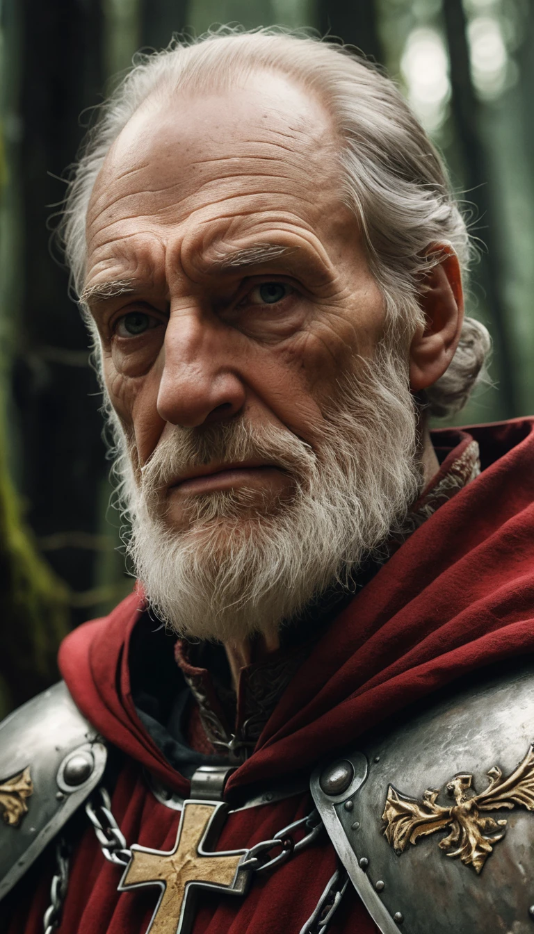 Elderly knight in red cloak staring with stern resolve