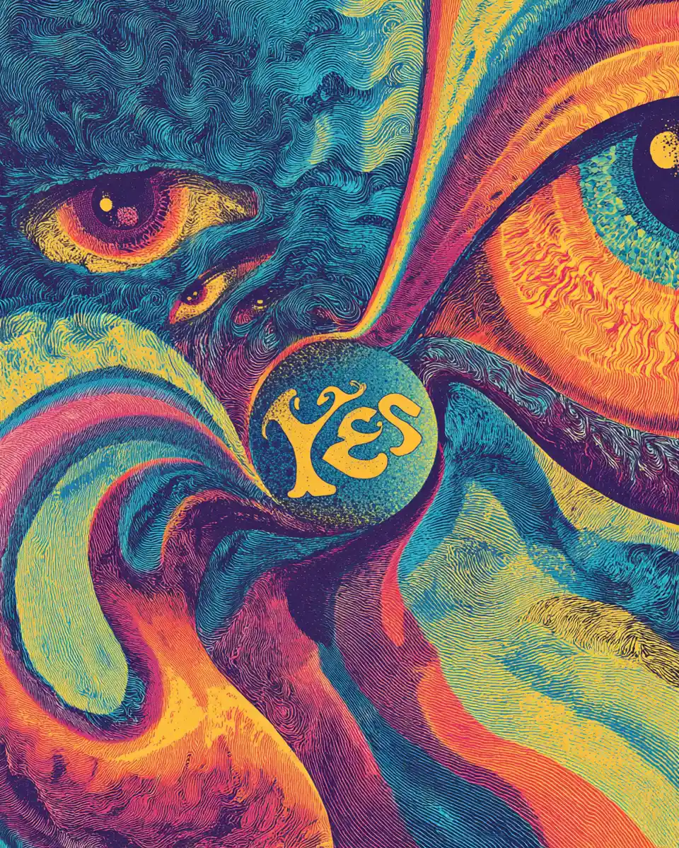 Copertina di album psichedelica al neon con simboli surreali vorticosi