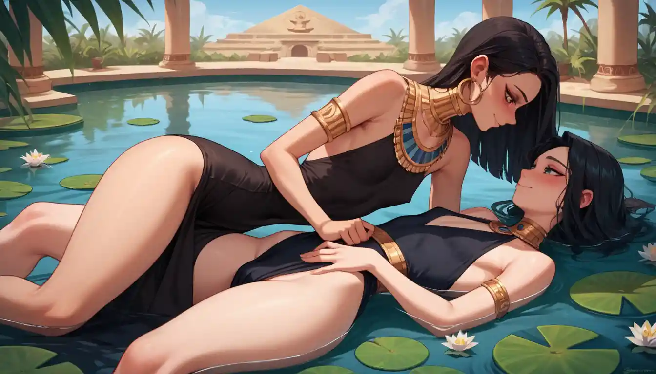 Two anime girls lying together in a tranquil lily pond