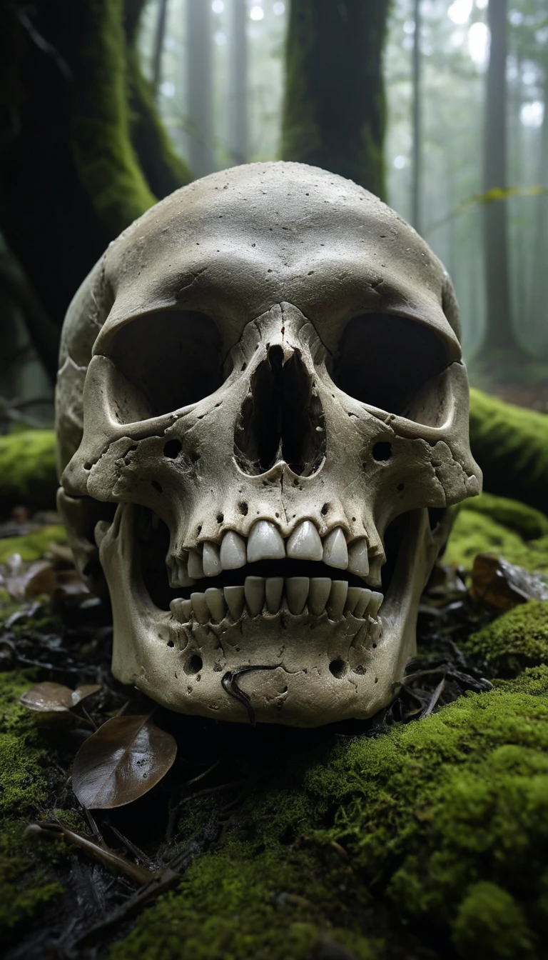 Extreme close up of a moss covered human skull in rain