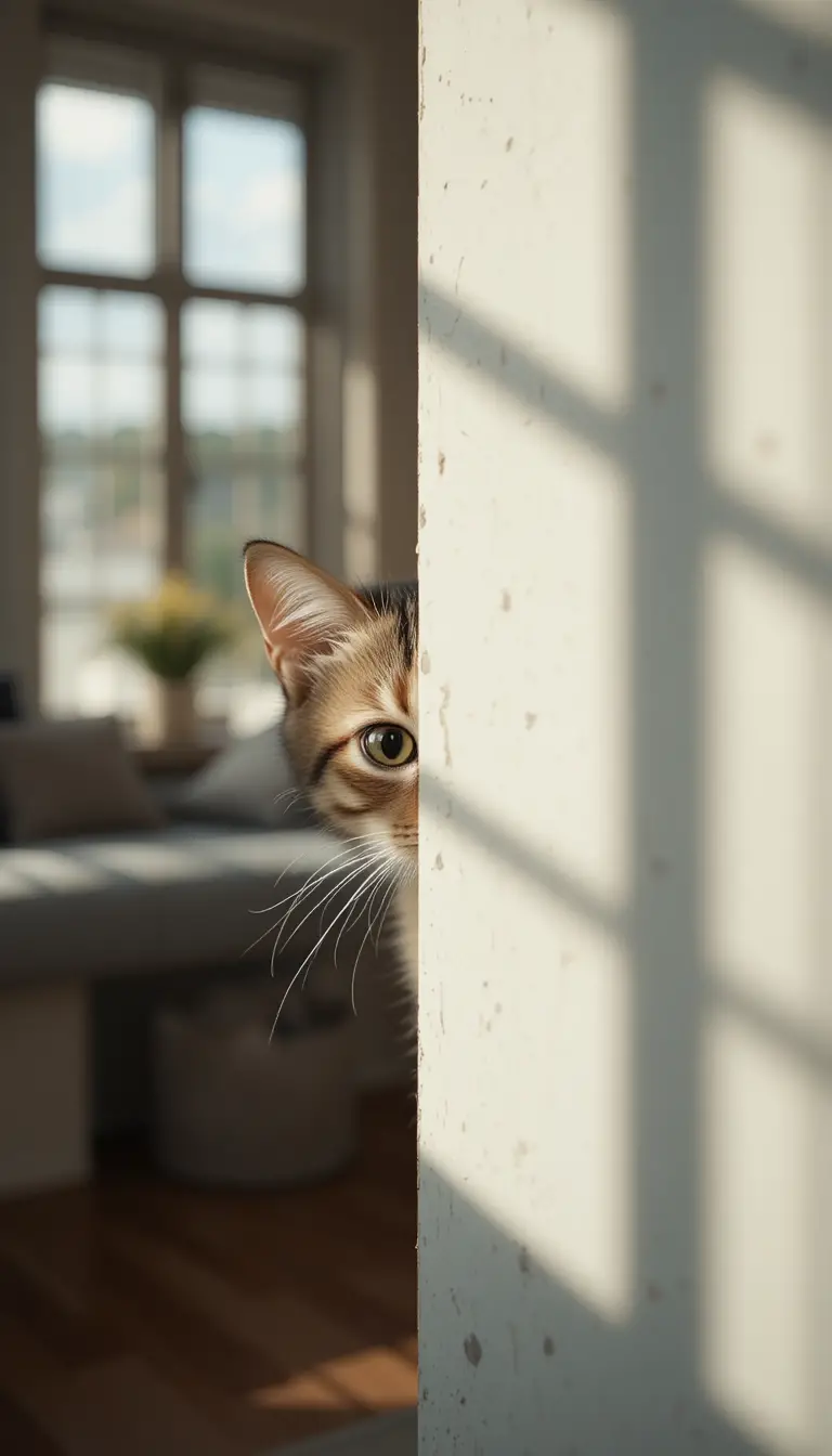 Cat Peeking From Behind A Wall In Soft Indoor Light
