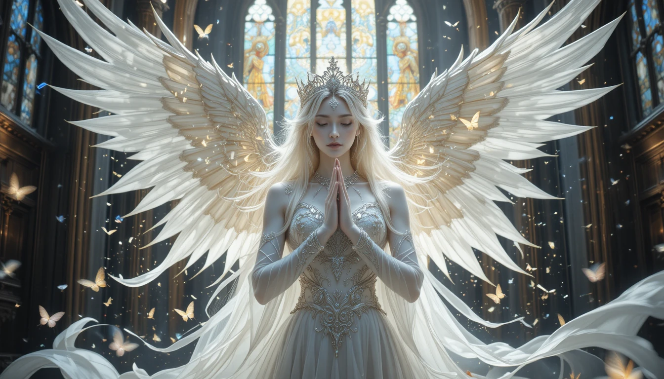 Angel queen in silk gown praying in a dark church