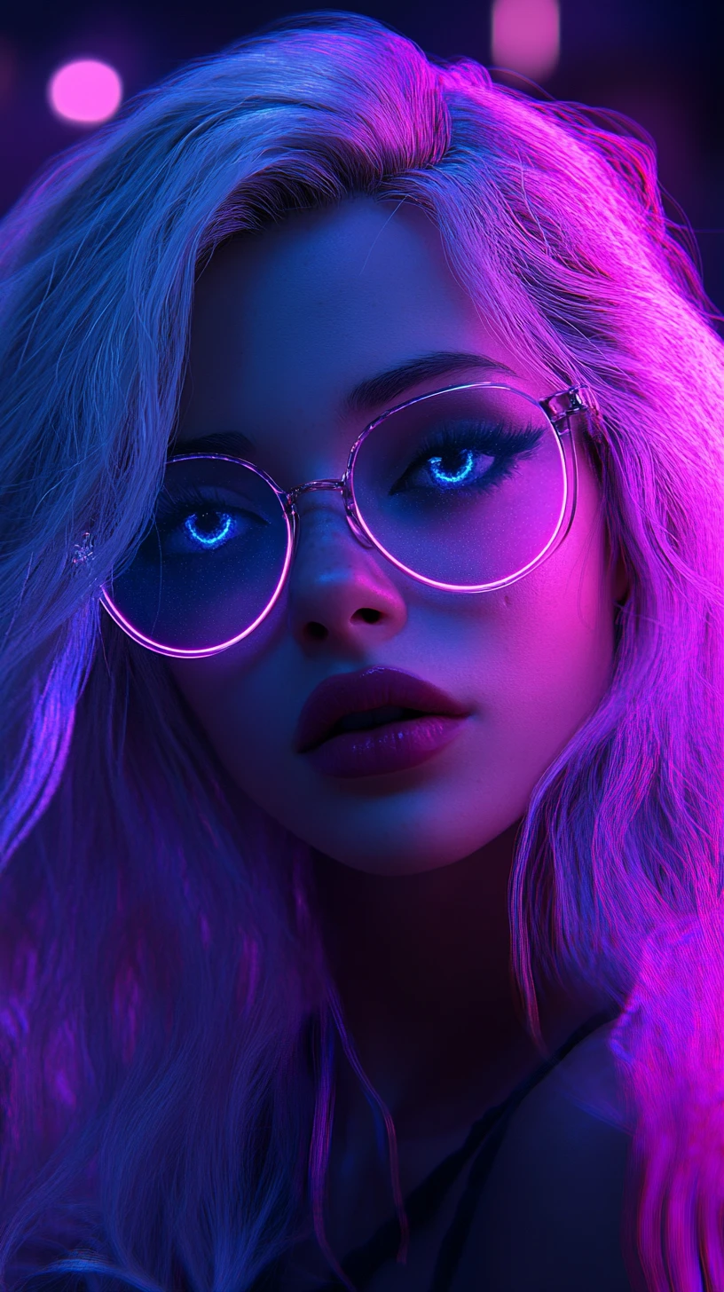 Ragazza anime dai capelli argento in bagliore neon rosa e viola