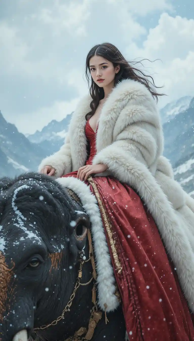 Woman riding an elephant through a mountain snowstorm
