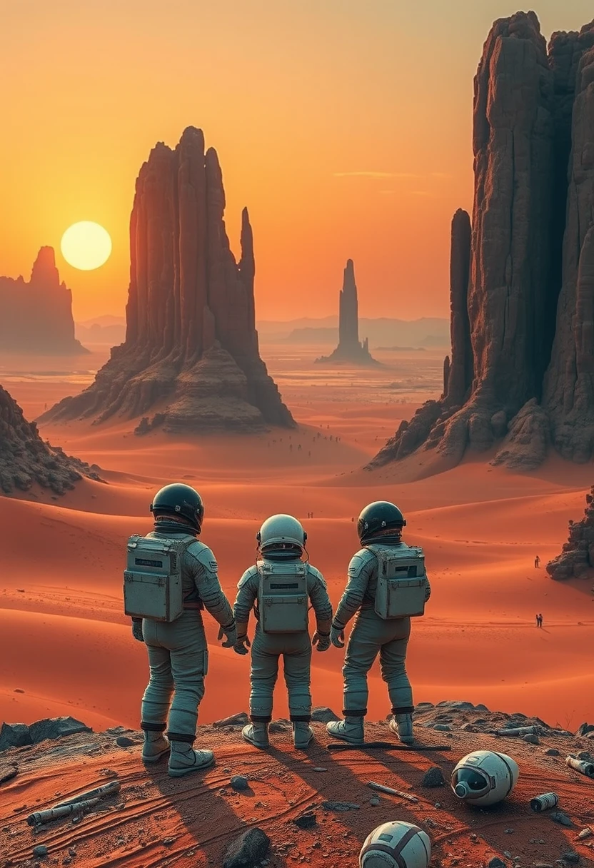 広大なエイリアンの砂漠を見下ろすヴィンテージスーツの宇宙飛行士たち