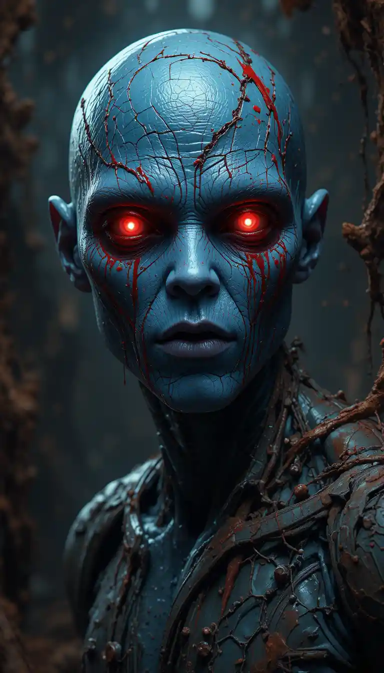 Finsterer blauer Alien mit leuchtend roten Augen in der Dunkelheit