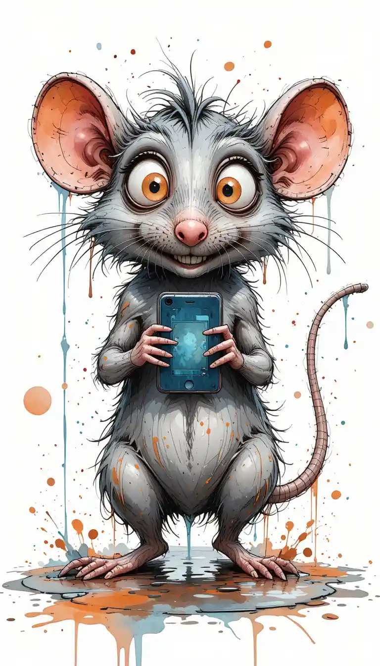Quirky watercolor rat with big eyes holding a smartphone