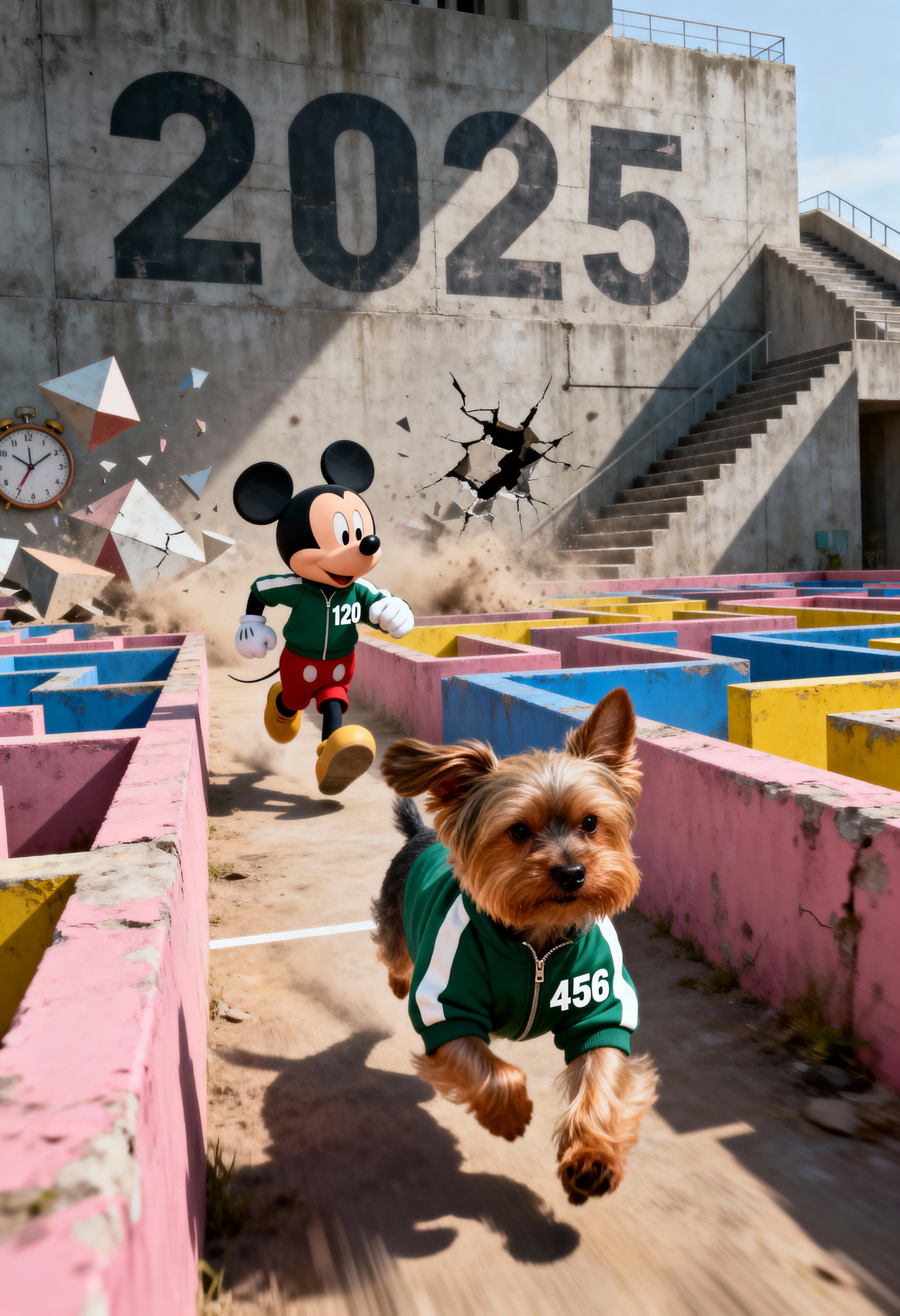 Yorkshire Terrier sprintant dans une scène d’évasion cinématographique en plongée