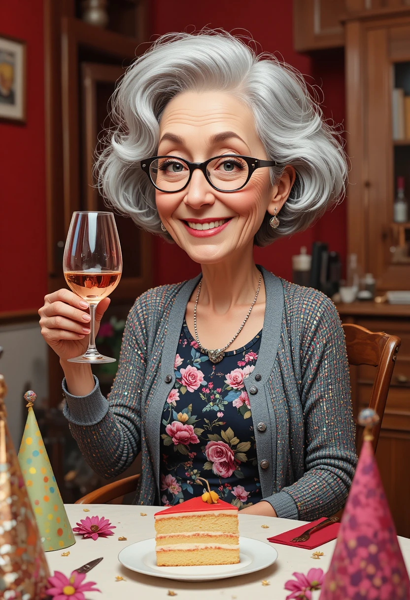 Mujer mayor sonriendo con rosé en una acogedora mesa de cumpleaños