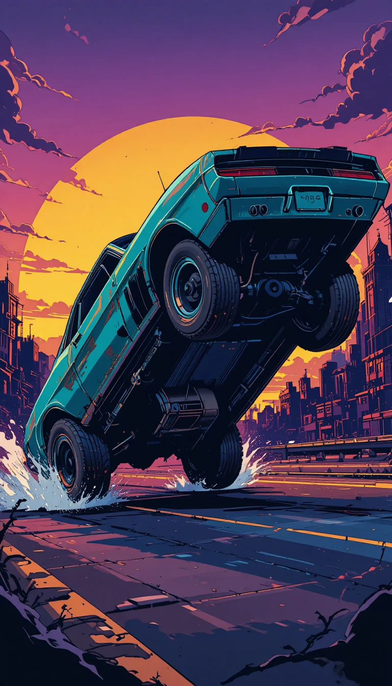 Türkises Muscle-Car richtet sich vor einer Neon-Sonnenuntergangsstadt auf