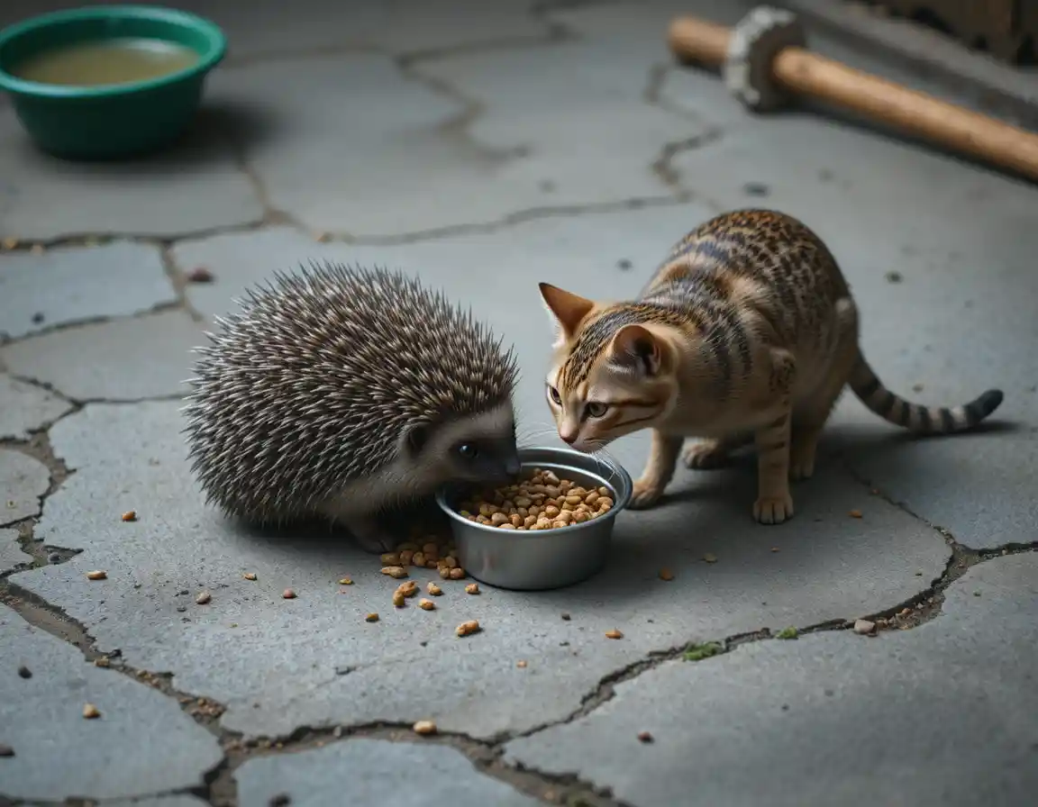 Gato e ouriço compartilhando comida em um chão de cimento áspero