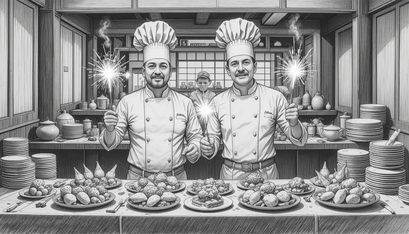Chef che presentano antipasti scintillanti in una cucina moderna di ristorante