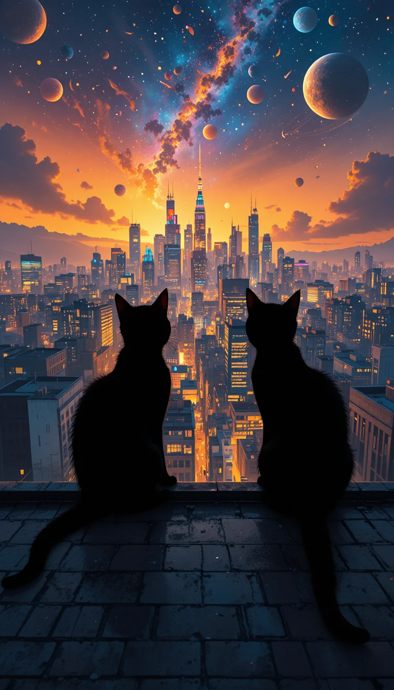 Two cats on a rooftop overlooking a cosmic city skyline