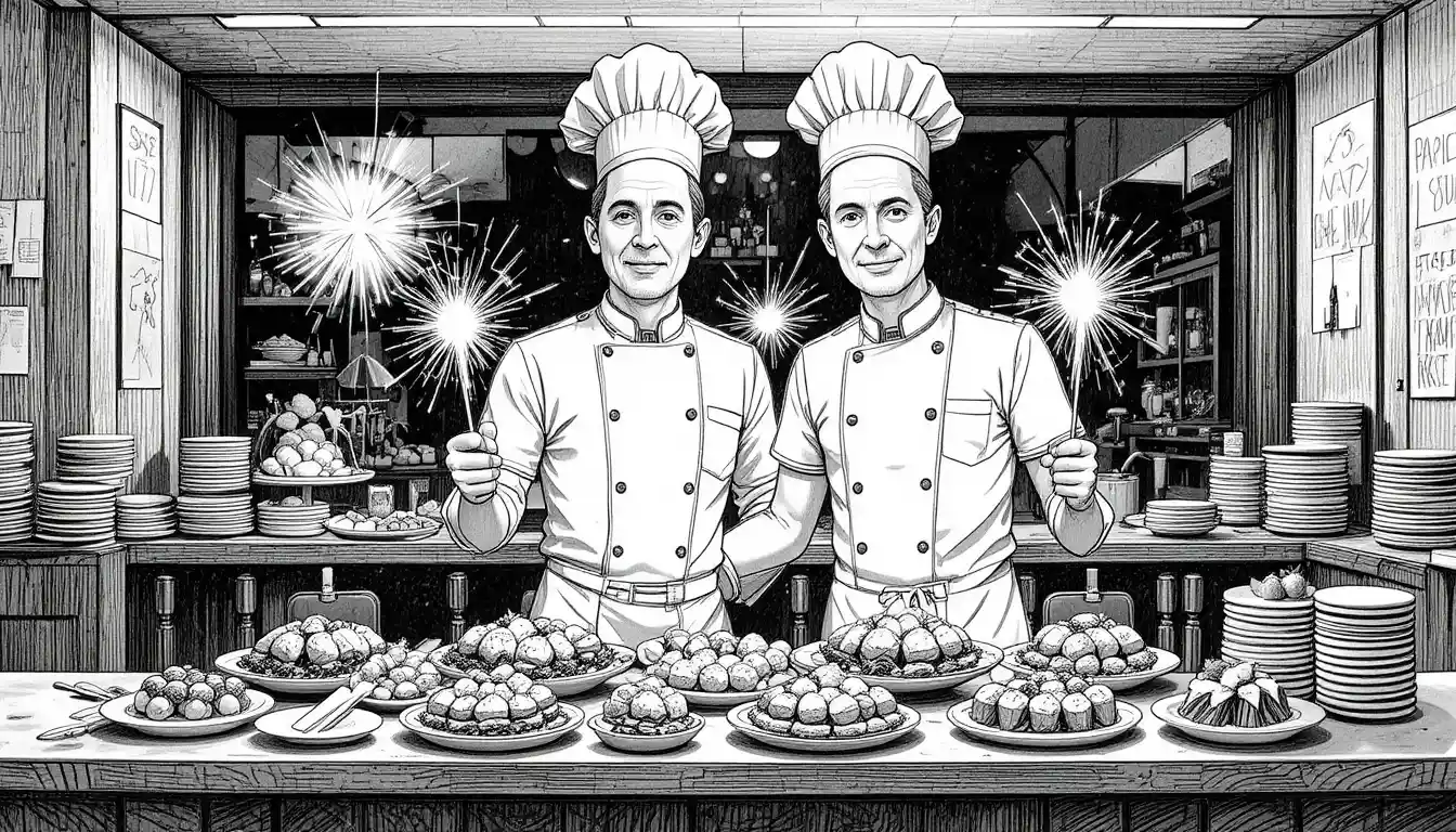 Chef presentano antipasti con stelline in una moderna cucina di ristorante