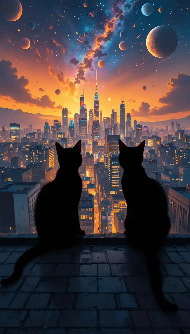 Two cats on a rooftop overlooking a cosmic city skyline