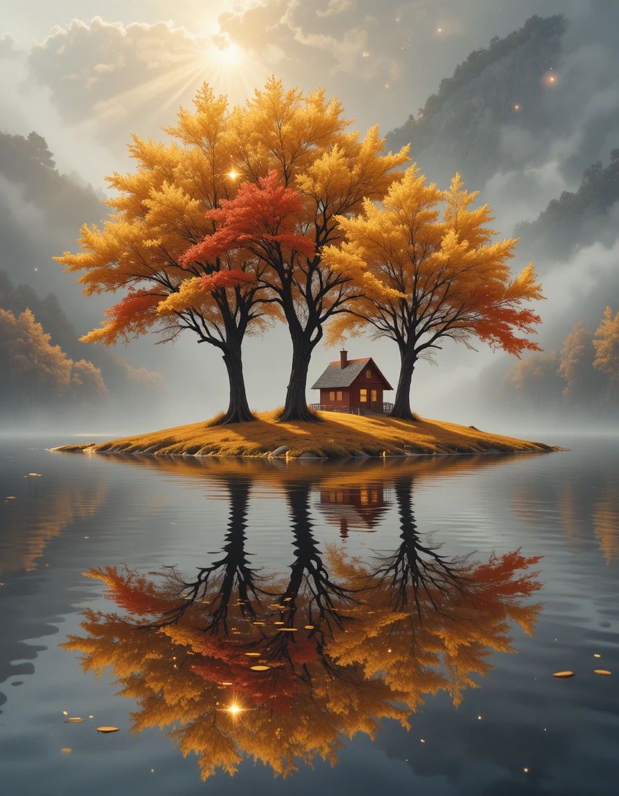 Golden lakeside cabin with glowing abstract trees