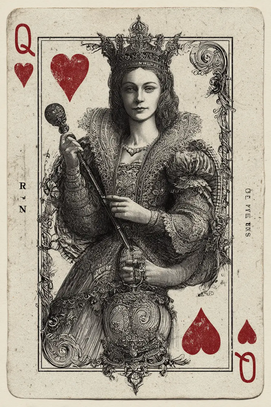 Engraved Queen Of Hearts Antique Playing Card Illustration