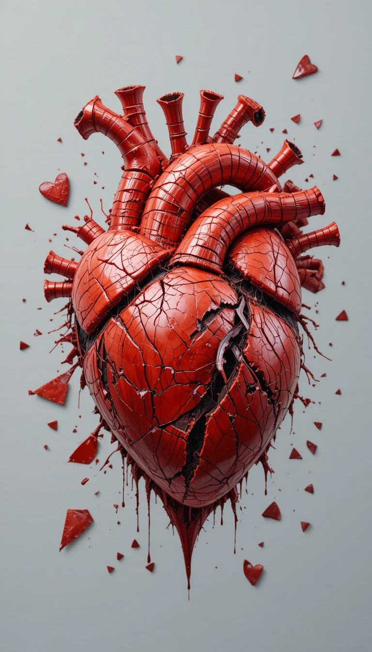 Corazón anatómico 3D con fragmentos rojos destrozados sobre fondo gris