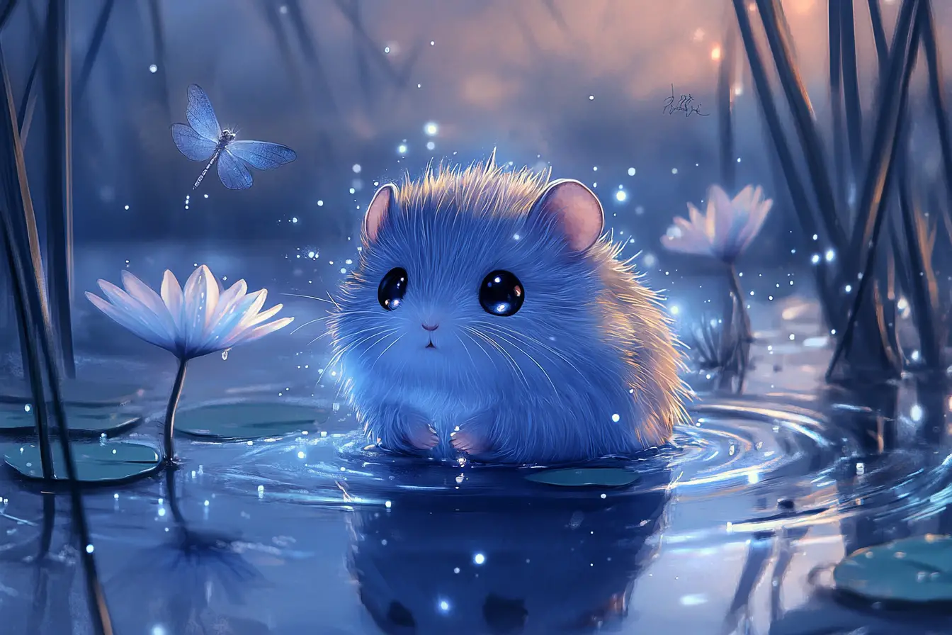 Süße Fantasy-Wasserratte gleitet durch leuchtende Schilfrohre