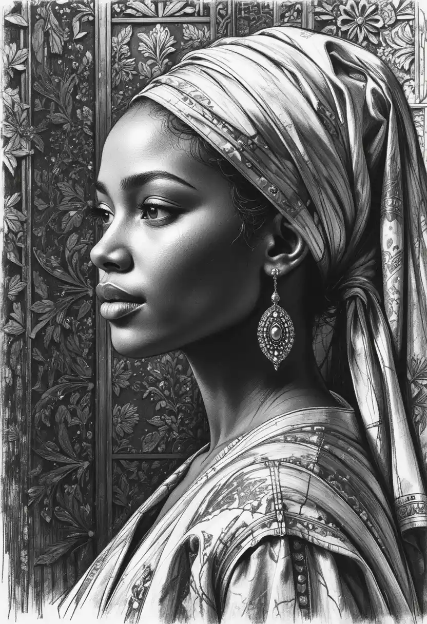 Sepia portrait of African girl in traditional headscarf