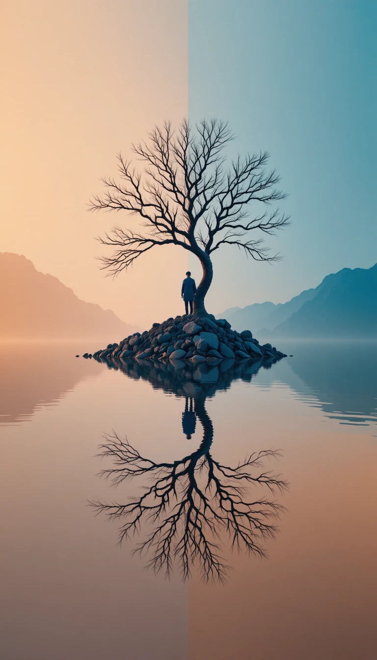Lonely figure on rocky island mirrored in tranquil lake