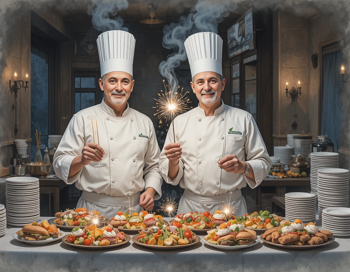 Chefs apresentando aperitivos cintilantes em um restaurante moderno