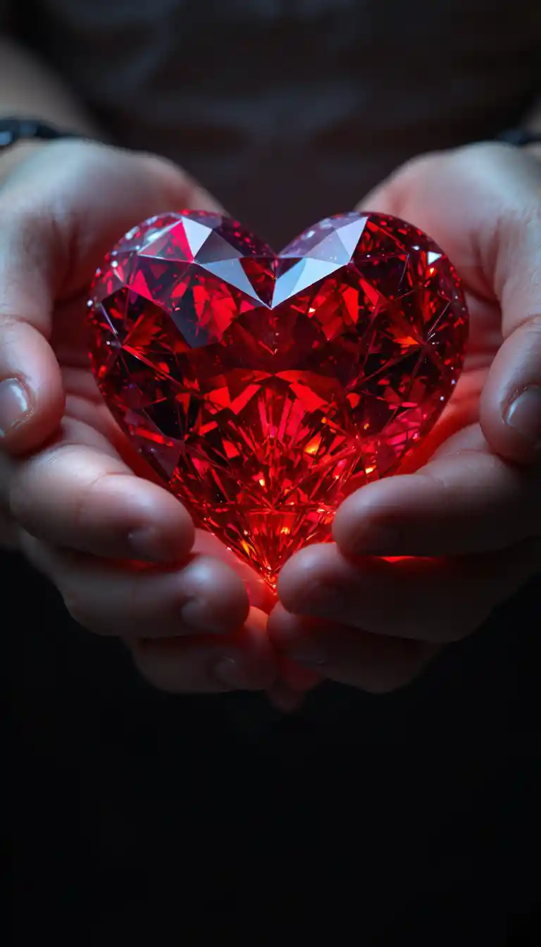 Human hands holding a glowing ruby heart shaped gemstone