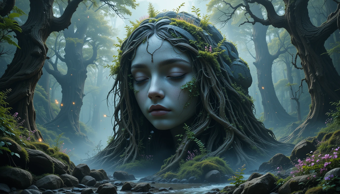 Visage colossal de fille en pierre fusionnant avec une forêt enchantée