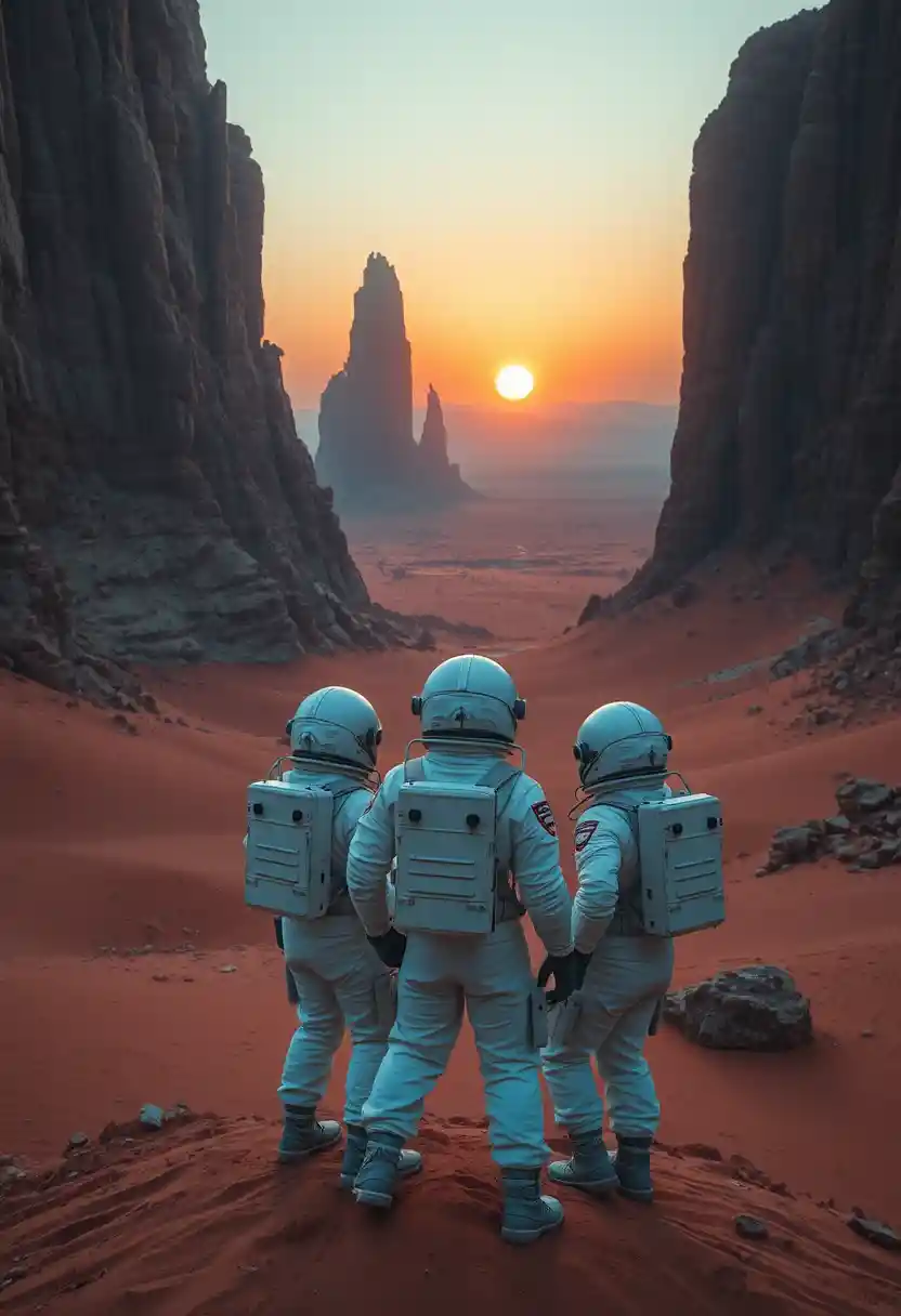 Astronautas observando um vasto deserto alienígena ao pôr do sol