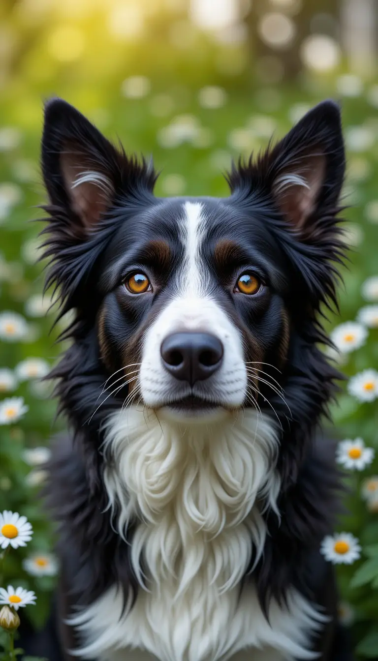 Close de border collie com olhos amarelos em jardim florido