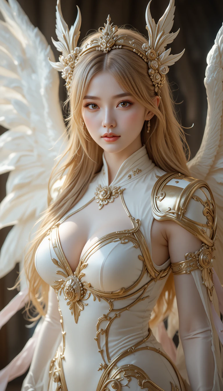 Winged angelic woman in golden armor portrait