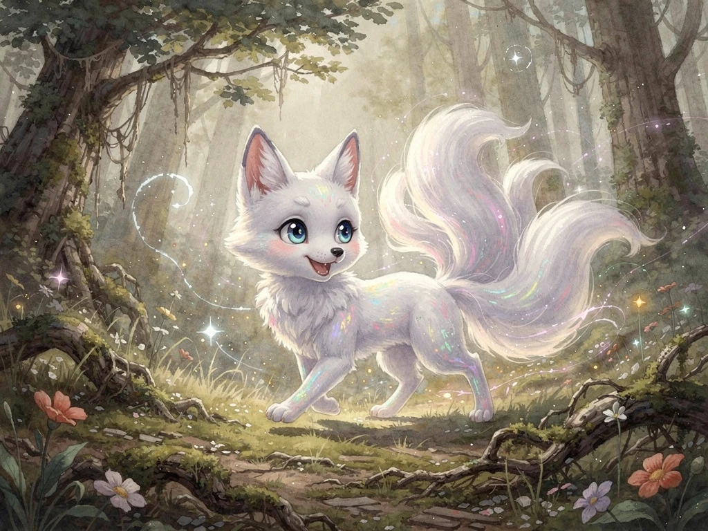 Kitsune branca em uma floresta desgastada em aquarela 3D