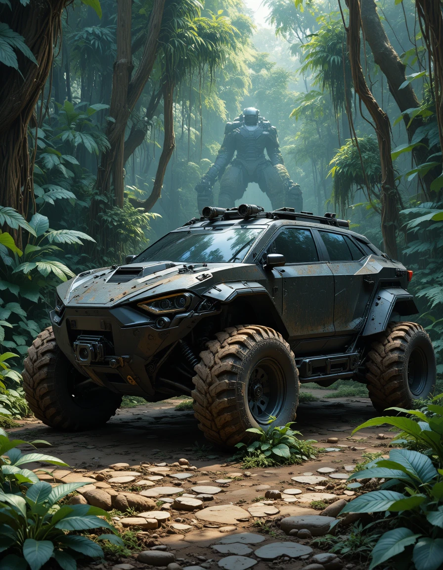 Armored futuristic hypercar hidden in dense jungle foliage
