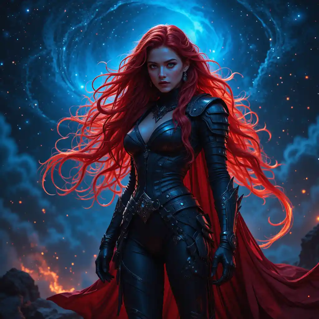 Fiery haired female warrior in a dark cosmic nebula