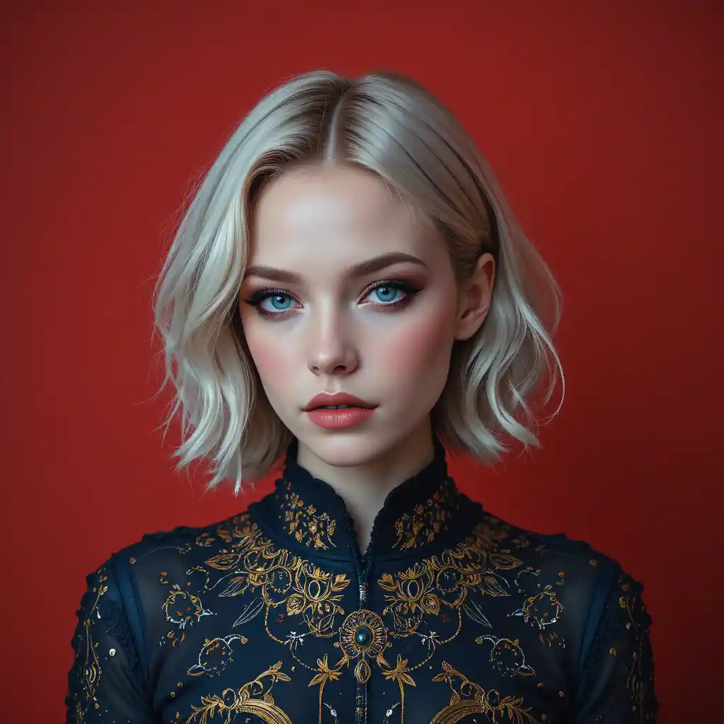 Surreal portrait of a young woman with silver hair