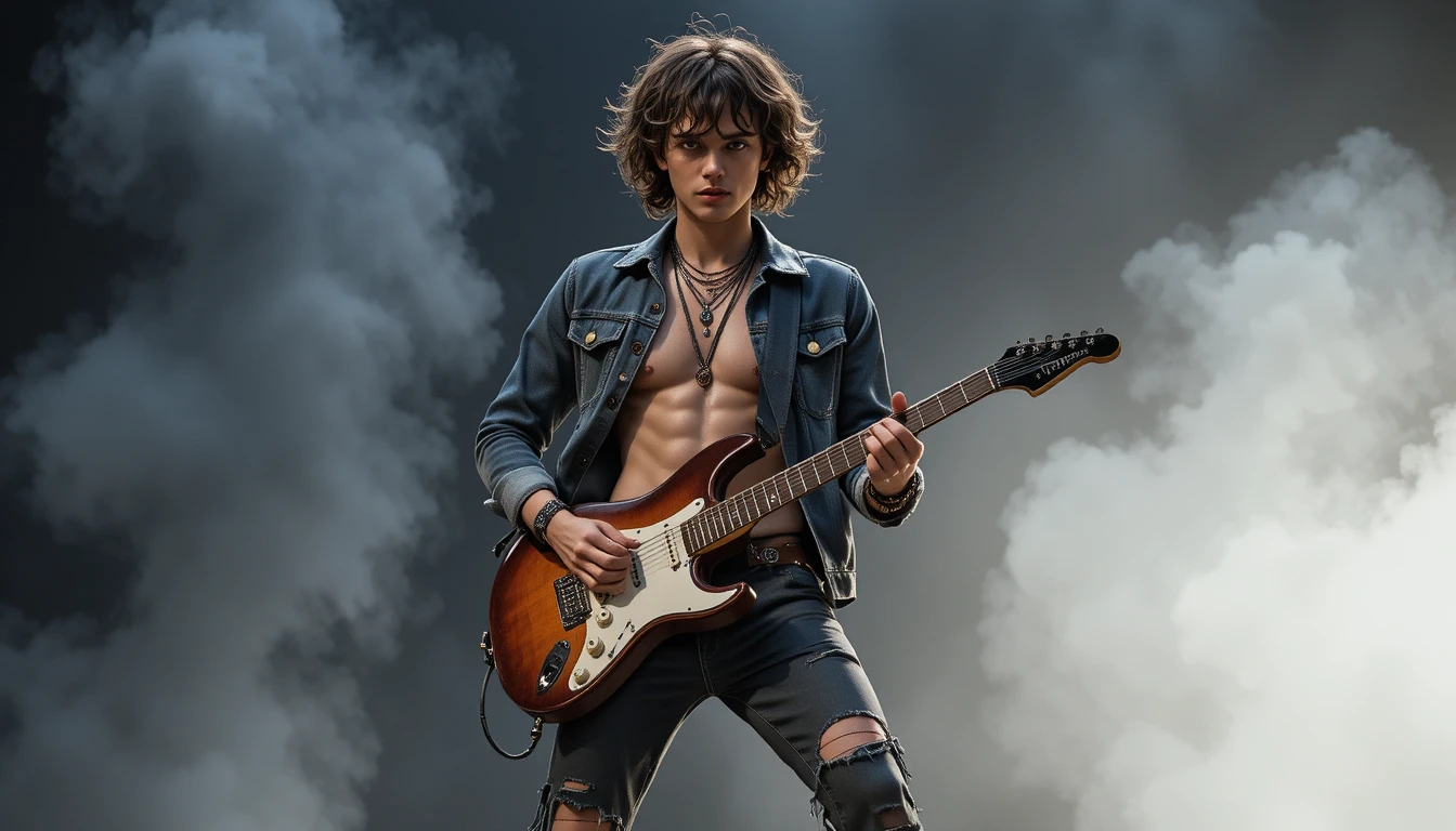 Giovane chitarrista rock a torso nudo che posa sotto una drammatica luce da studio