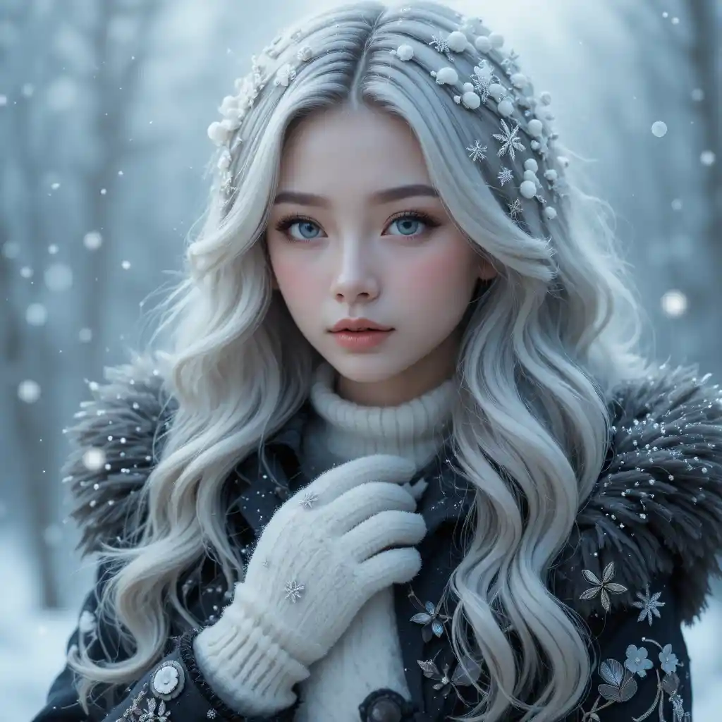 Fille hivernale éthérée aux cheveux d’argent et flocons de neige