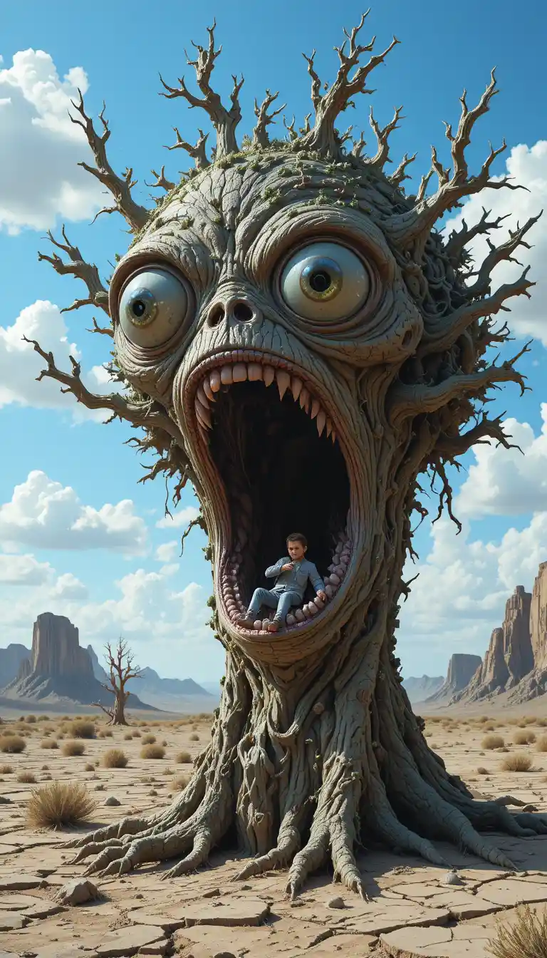 Surreal tree monster with tiny man in its gaping mouth