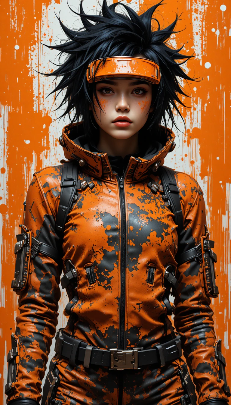 Androgynes Jugendlicher in futuristischer orangefarbener Tarnung mit Visier