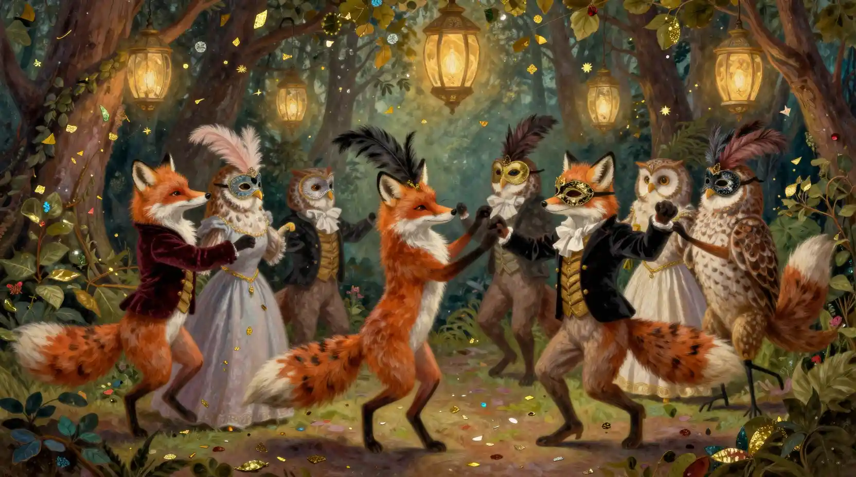 魔法の仮面舞踏会で踊る森のキツネたち